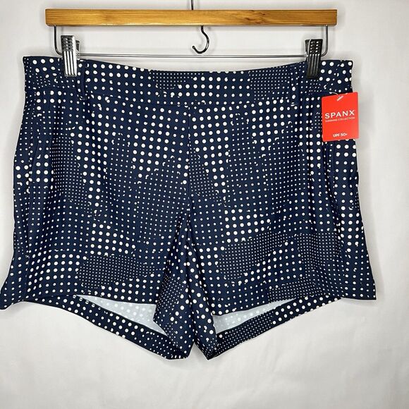 SPANX Patchwork Polka Dot 4" Sunshine Shorts Womens Size Large Navy Blue - Picture 2 of 12
